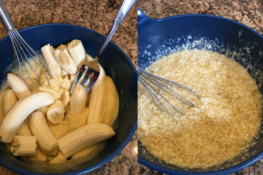 Mashing the bananas into the muffin batter