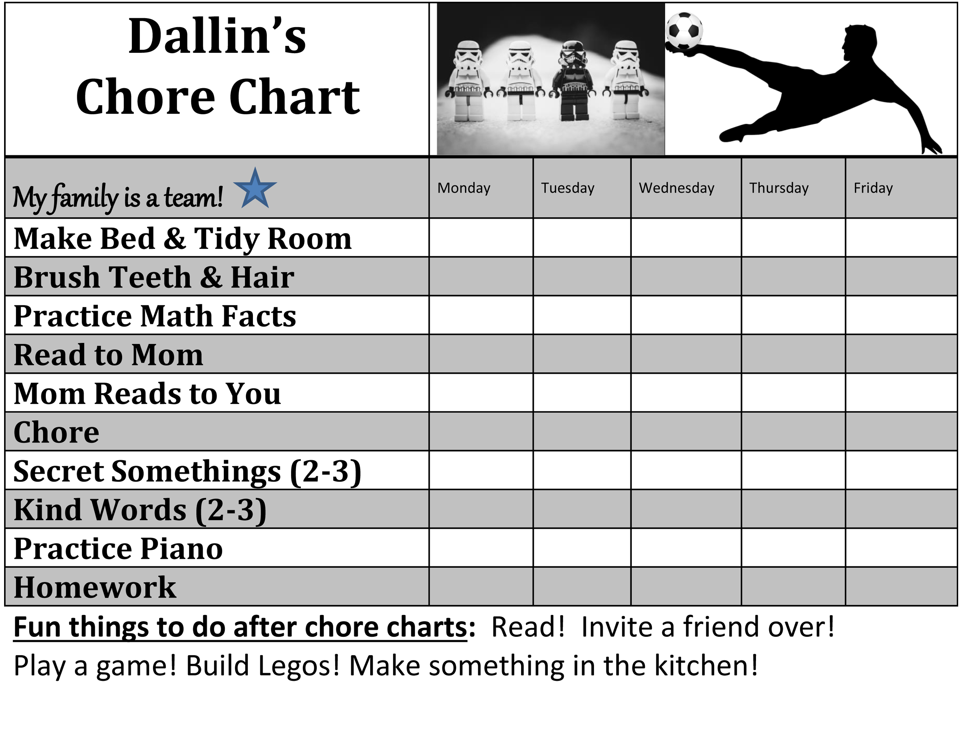 Chore Chart for 5-7 boy